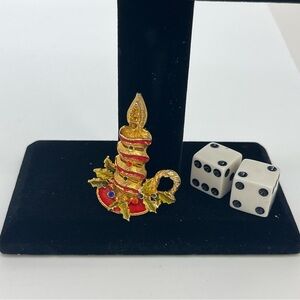 Vintage Enamel Holiday Candle Brooch – Rhinestones & Gold Tone